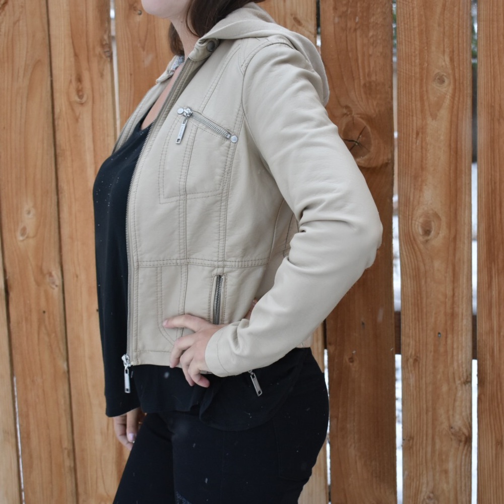 ❌SOLD❌ Tan JouJou Small Faux Leather Jacket w/ Hood - Picture 10 of 10